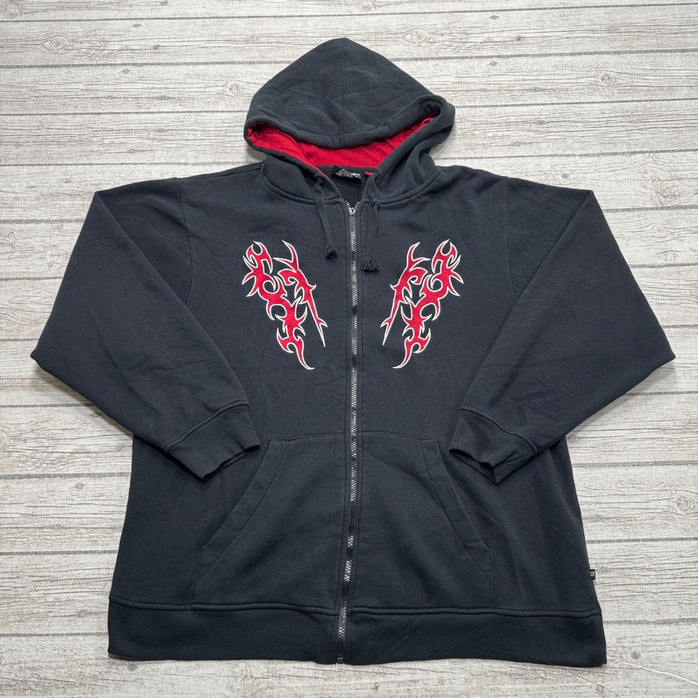Vintage 90s R2 Lounge Hoodie Men's Large Black Red Tribal Zip Up Fleece Skater
